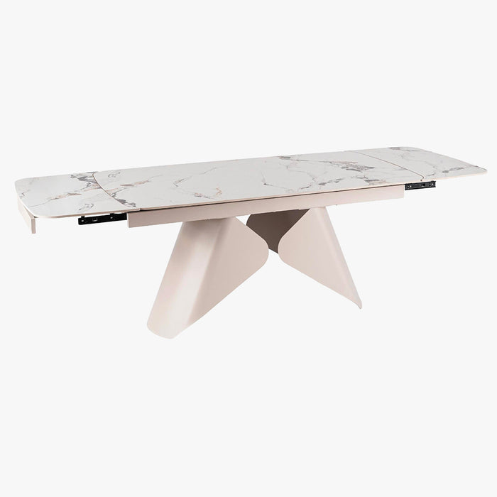 STACY Table à manger extensible en céramique couleur marbre blanc pieds en métal 160-240 cm