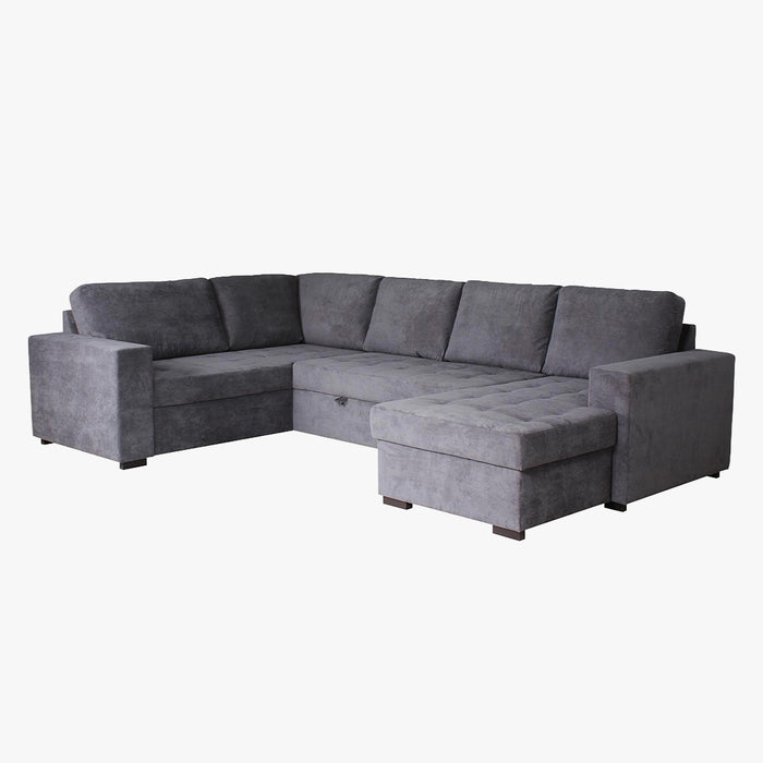 CYRUS Canapé panoramique convertible avec coffre en tissu gris - Angle droit