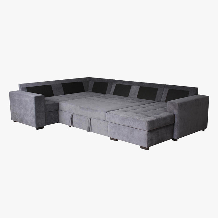 CYRUS Canapé panoramique convertible avec coffre en tissu gris - Angle droit