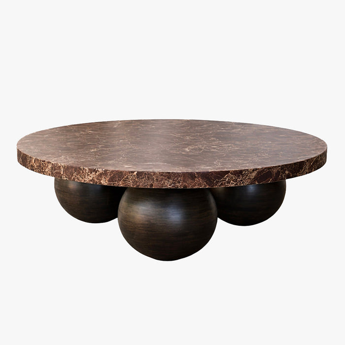GIORGIA Table basse en marbre d'ingénierie marron pieds rond bois massif noir