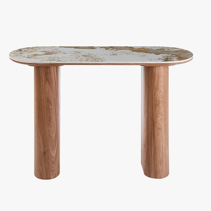 EVORA Console en pierre frittée blanc pieds couleur bois clair 120 cm