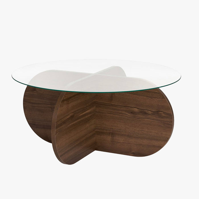 LILY Table basse ronde en verre piètement couleur bois foncé D75 cm