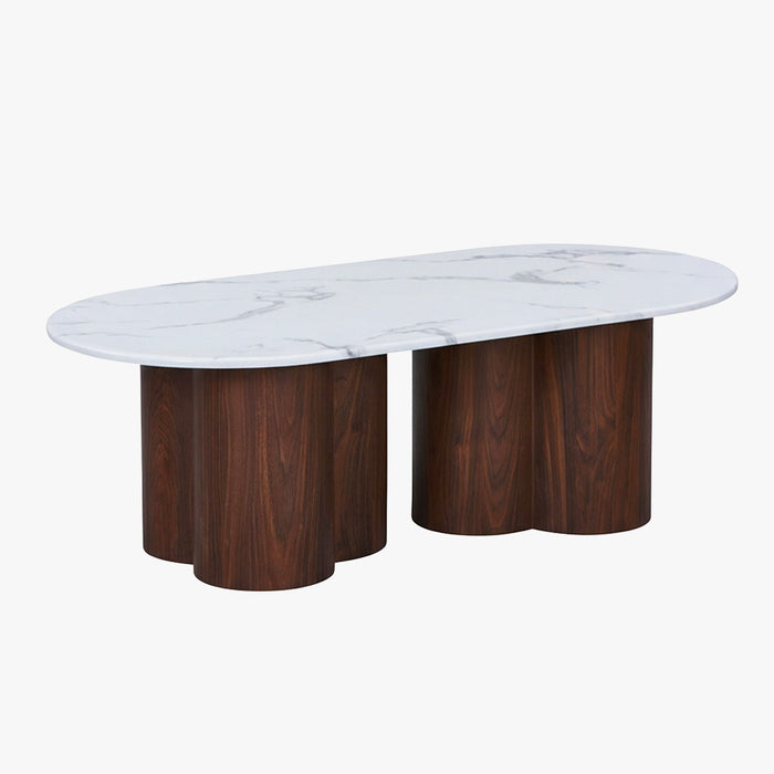 JASMINA Table basse ovale en marbre composite pieds couleur bois foncé 120 cm