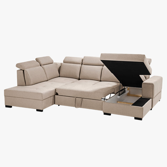 SACHA U Canapé panoramique convertible avec coffre en tissu beige - Angle droit