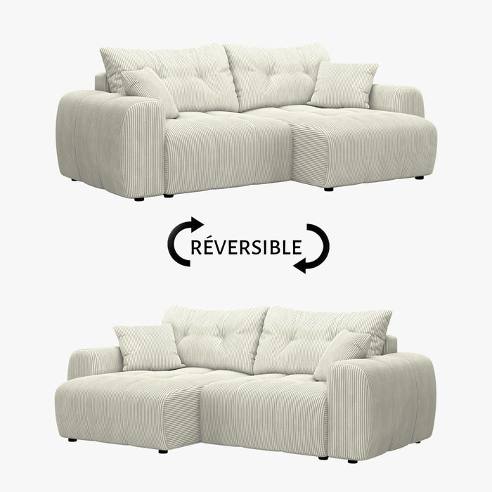ALYA Canapé d'angle convertible et réversible avec coffre en velours côtelé beige