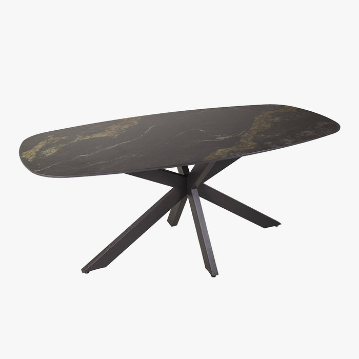 EDENA Table à manger ovale en céramique noir et doré piètement en acier noir