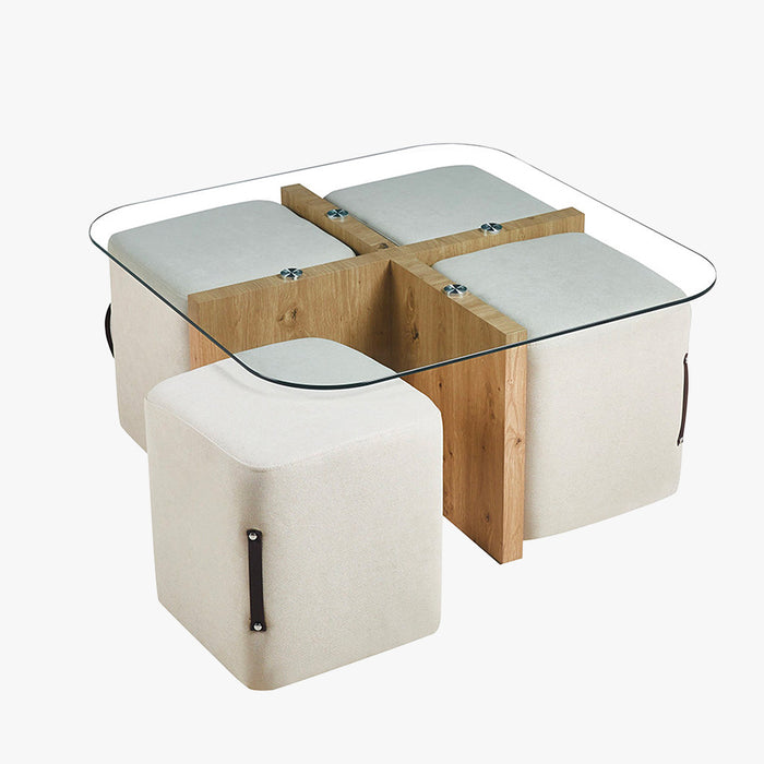 SHANA Table basse en verre socle couleur bois avec 4 poufs en tissu blanc écru