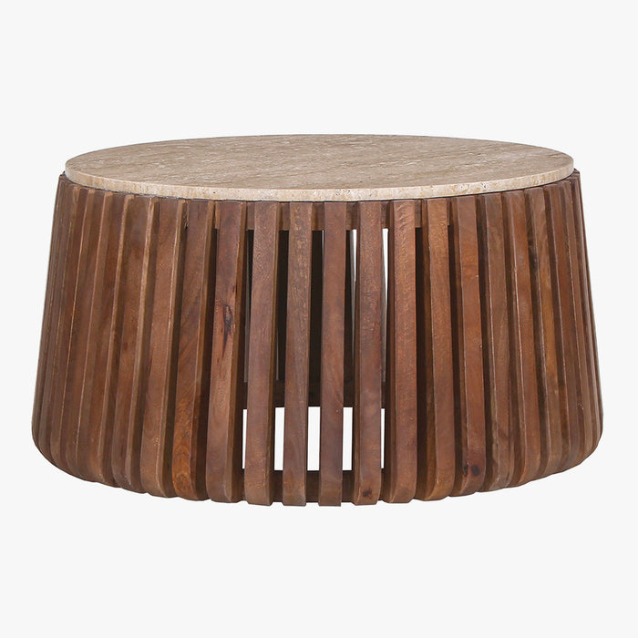 LUUK Table basse en travertin et bois de manguier 70 cm