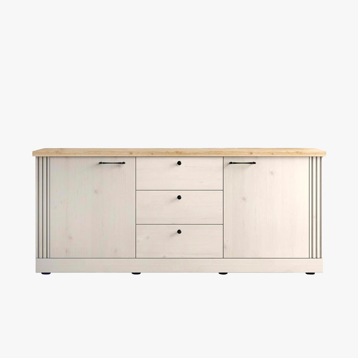 ROMANE Buffet 2 portes 3 tiroirs couleur chêne blanc et bois clair