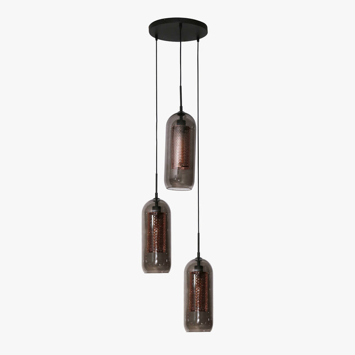 AYLI Suspension 3 lampes ajustables en verre et métal noir 35x180 cm