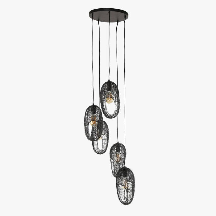 LIXA Suspension ovale 5 lampes en métal noir 45x180 cm