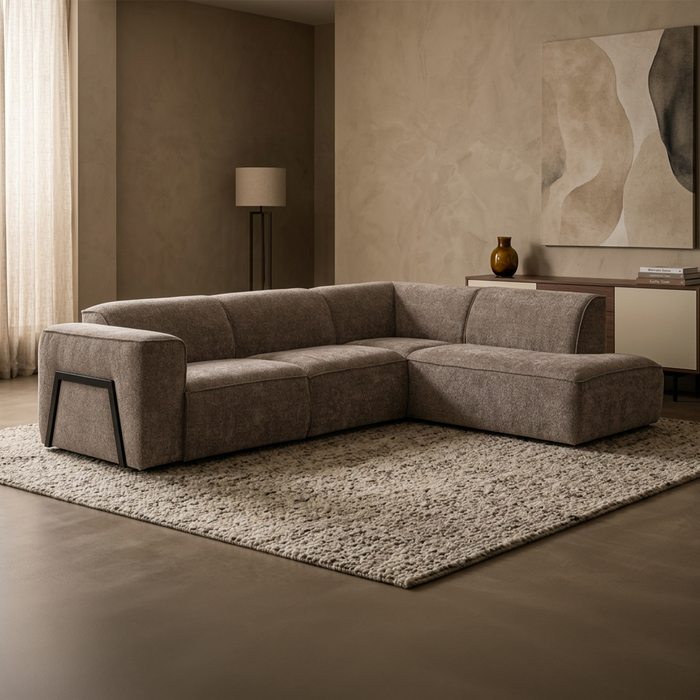 AMANDA Canapé d'angle en tissu taupe avec détail métal noir - Angle droit