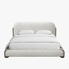 Lit double en tissu beige et bois foncé 160x200 cm