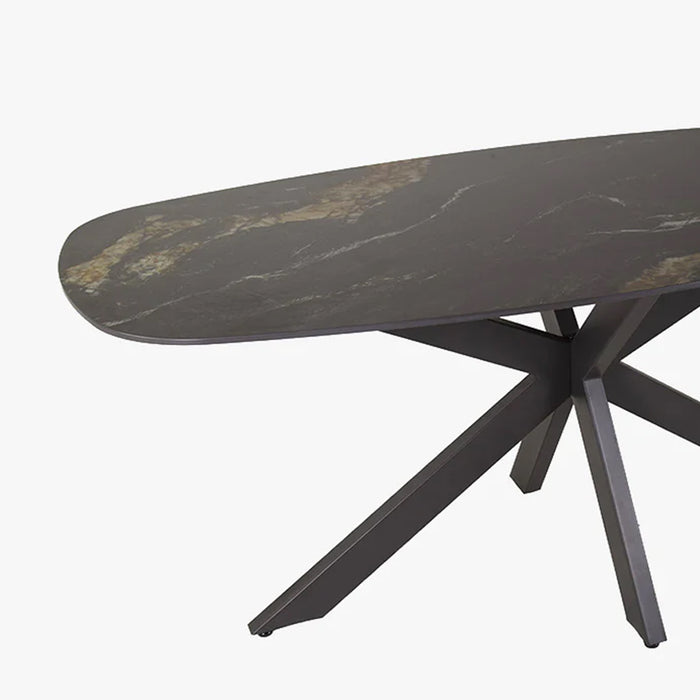 EDENA Table à manger ovale en céramique noir et doré piètement en acier noir