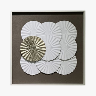 ANELIA Tableau peinture à l'huile relief rond blanc et doré cadre aluminium - 50x50 cm