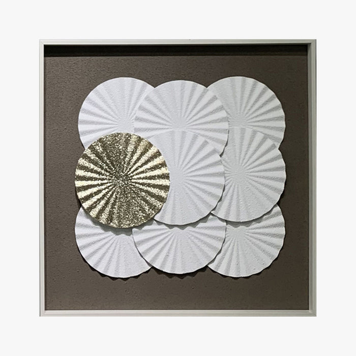 ANELIA Tableau peinture à l'huile relief rond blanc et doré cadre aluminium - 50x50 cm
