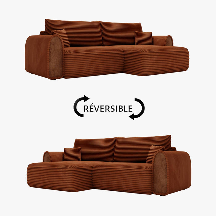 ADELE Canapé d'angle convertible et réversible avec coffre en velours côtelé terracotta