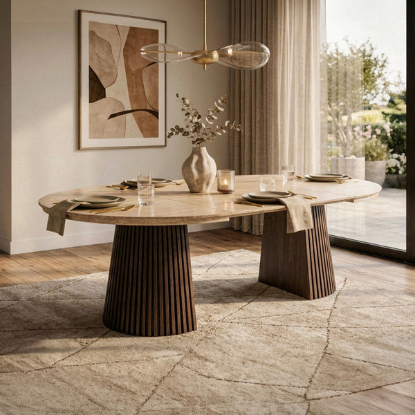 ADRIEN Table à manger ronde extensible couleur beige et bois foncé 120-200 cm