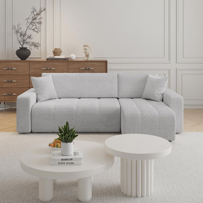 ALICIA MINI Canapé d'angle convertible et réversible avec coffre en velours côtelé gris clair