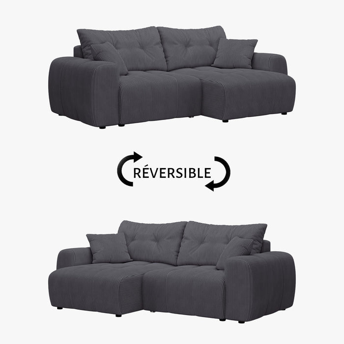 ALYA Canapé d'angle convertible et réversible avec coffre en velours côtelé gris foncé