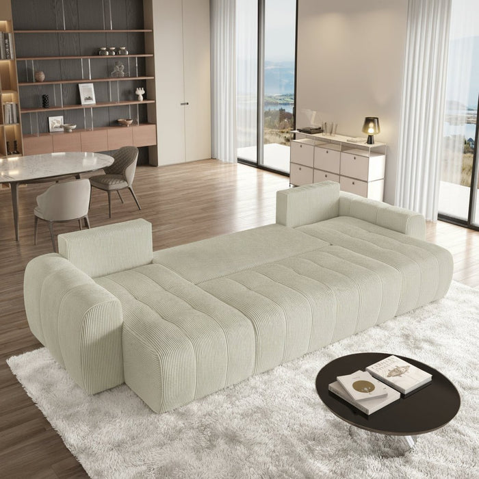 ALYA XL Canapé panoramique convertible avec coffre en velours côtelé beige