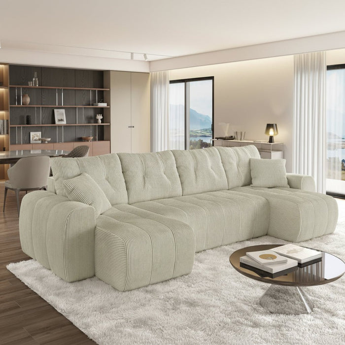 ALYA XL Canapé panoramique convertible avec coffre en velours côtelé beige