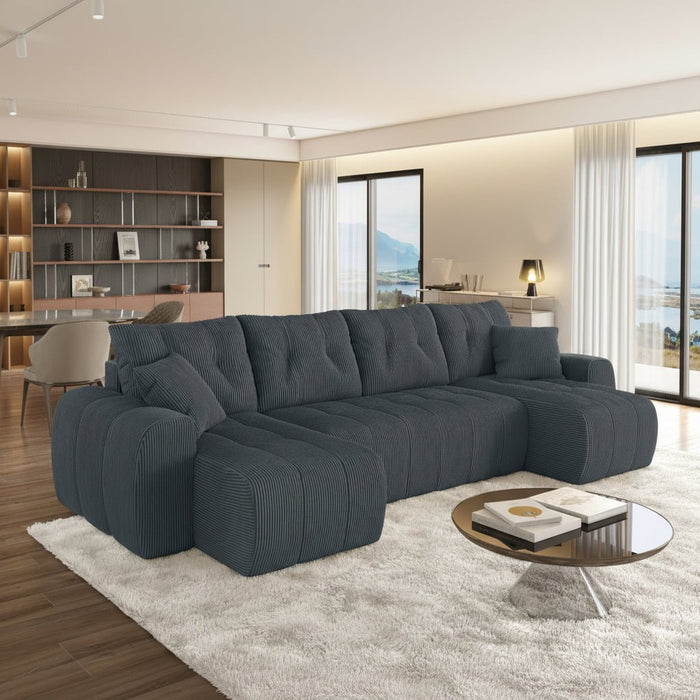 ALYA XL Canapé panoramique convertible avec coffre en velours côtelé gris foncé
