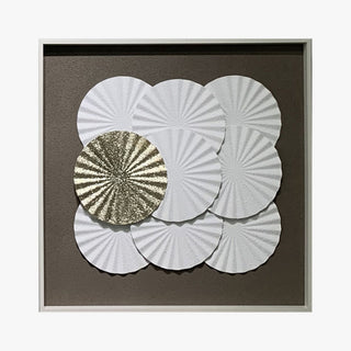ANELIA Tableau peinture à l'huile relief rond blanc et doré cadre aluminium - 50x50 cm