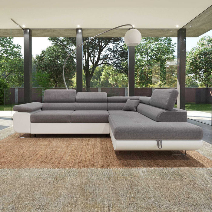 AUBIN Canapé d'angle convertible gris et blanc coffre de rangement - Angle Droit