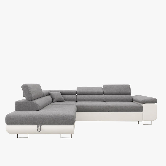 AUBIN Canapé d'angle convertible gris et blanc coffre de rangement - Angle Gauche