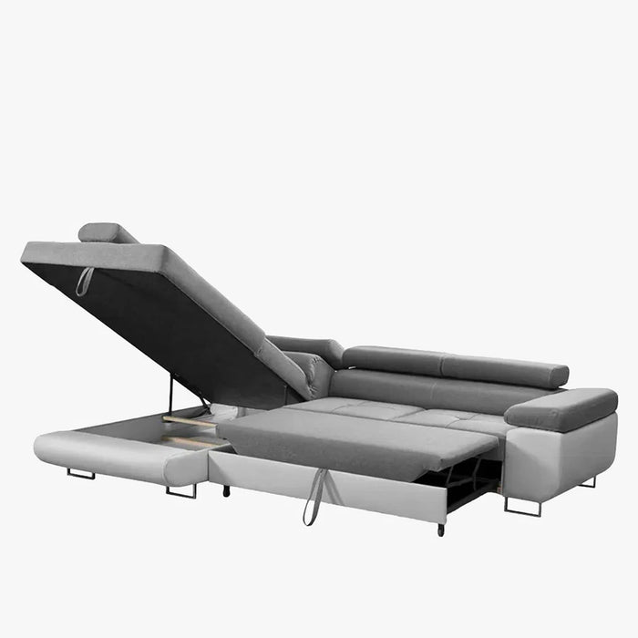 AUBIN Canapé d'angle convertible gris et blanc coffre de rangement - Angle Gauche