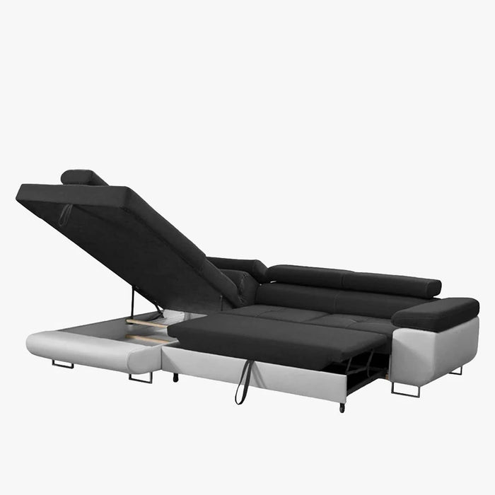 AUBIN Canapé d'angle convertible noir et blanc coffre de rangement - Angle Gauche