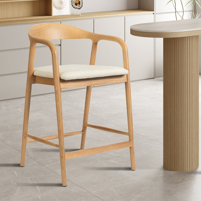 CLAIRE Tabouret en tissu beige piètement en bois massif clair Mobilier Deco