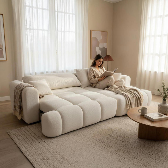 CLOUD Canapé d'angle convertible en tissu bouclette beige - Angle droit