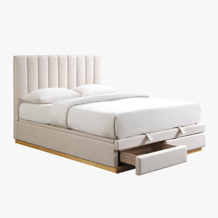 DANIEL Lit double en tissu beige avec coffre et 2 tiroirs 180x200 cm