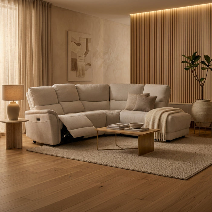 DAVY Canapé d'angle relax électrique en tissu blanc écru - Angle droit – Canapé relax Mobilier Deco