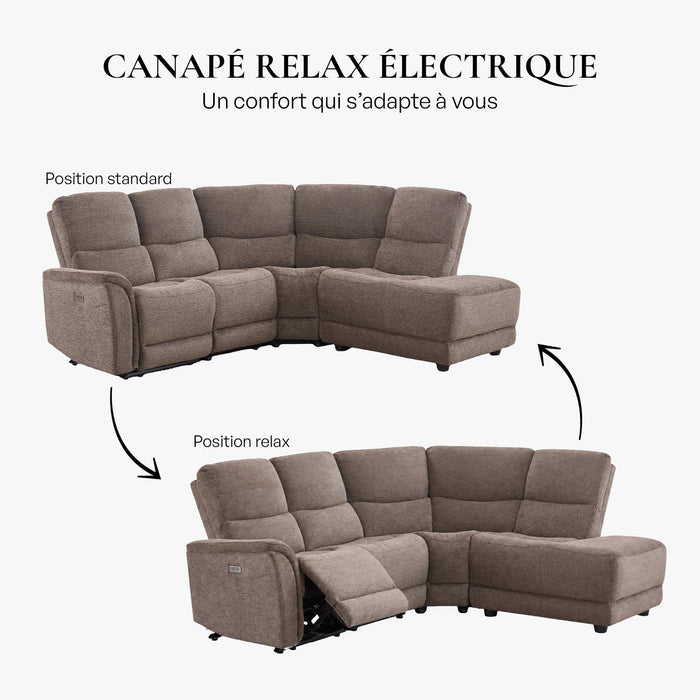 DAVY Canapé d'angle relax électrique en tissu marron - Angle droit