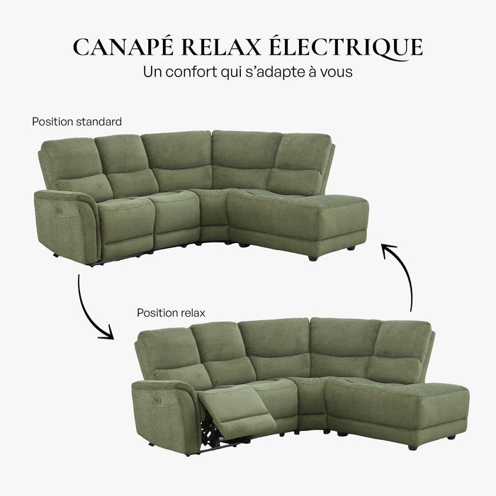 DAVY Canapé d'angle relax électrique en tissu vert - Angle droit