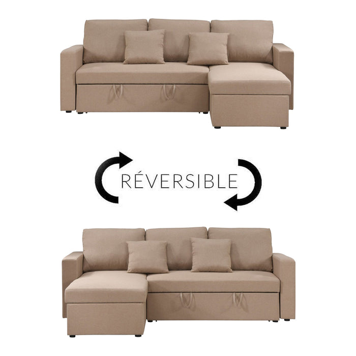 DORIA Canapé d'angle convertible et réversible avec coffre en tissu taupe