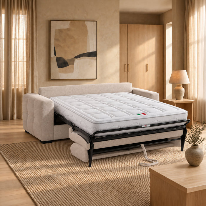 DYLANE Canapé 3 places convertible tissu capitonné beige matelas 22 cm – Canapés convertibles – vue 2