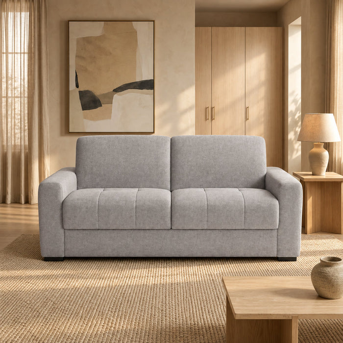 DYLANE Canapé 3 places convertible tissu capitonné gris clair matelas 22 cm