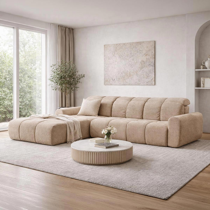 ELIOS Canapé d'angle convertible avec coffre en tissu taupe - Angle gauche
