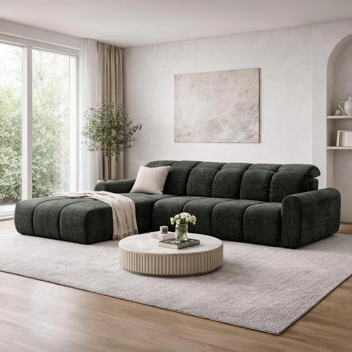 ELIOS Canapé d'angle convertible avec coffre en tissu vert sapin - Angle gauche