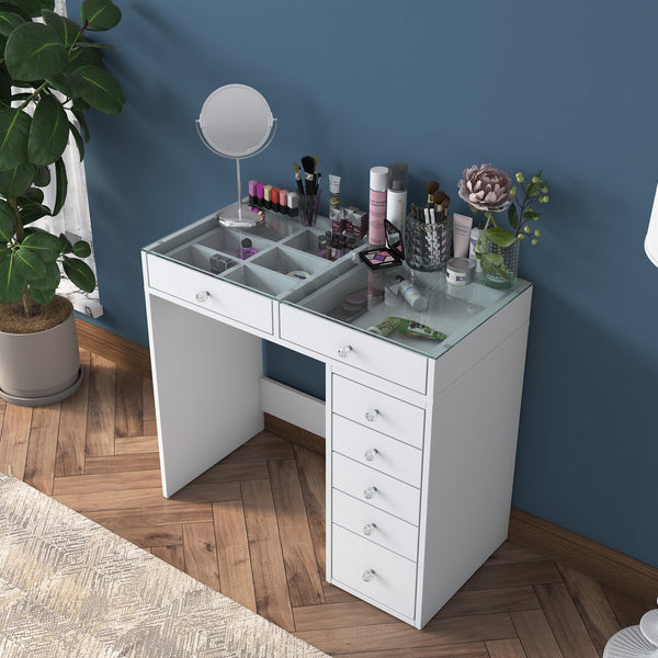 ELORIA Coiffeuse 7 tiroirs blanc avec plateau en verre