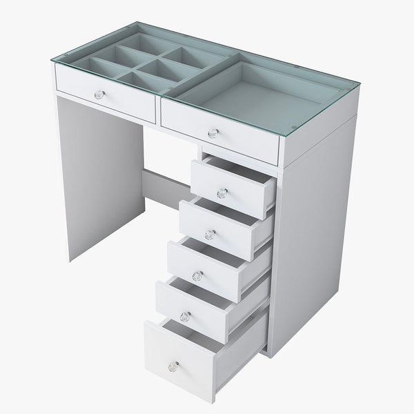 ELORIA Coiffeuse 7 tiroirs blanc avec plateau en verre
