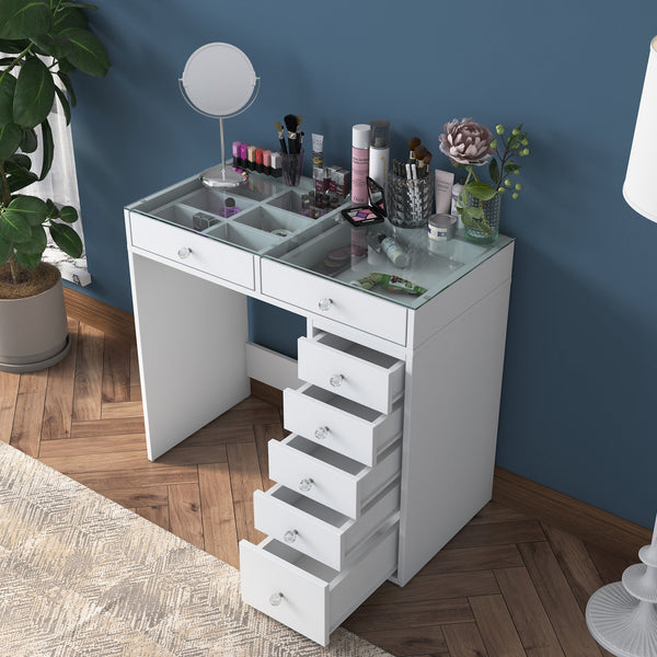 ELORIA Coiffeuse 7 tiroirs blanc avec plateau en verre