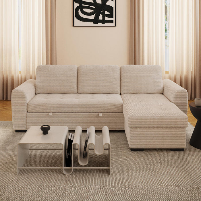 EMELINE Canapé d'angle réversible convertible avec coffre en velours côtelé beige