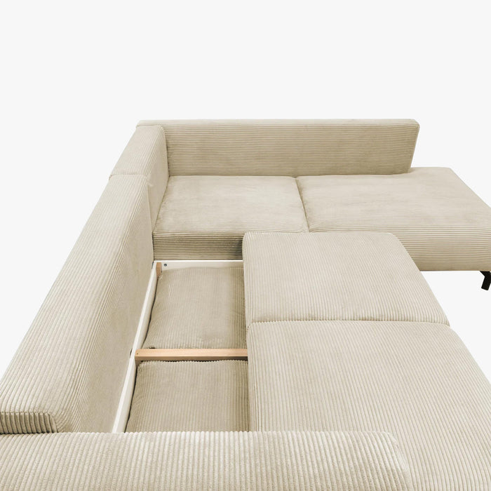 EMILIA Canapé d'angle convertible avec coffre en velours côtelé beige - Angle droit