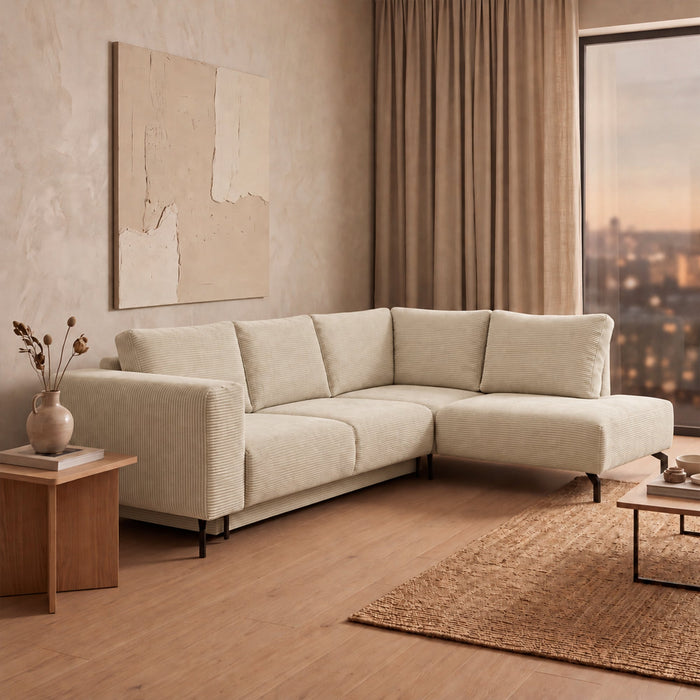 EMILIA Canapé d'angle convertible avec coffre en velours côtelé beige - Angle droit – Canapé d'angle convertible Mobilier Deco