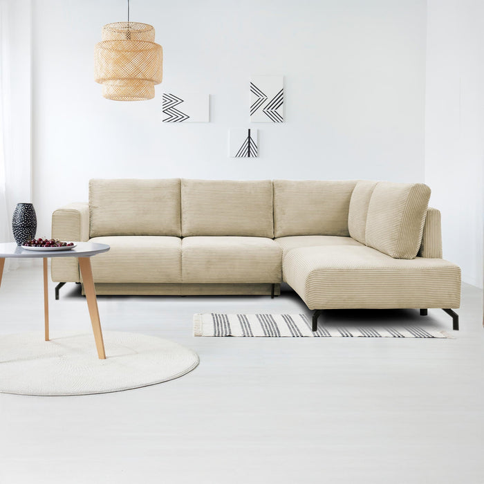 EMILIA Canapé d'angle convertible avec coffre en velours côtelé beige - Angle droit
